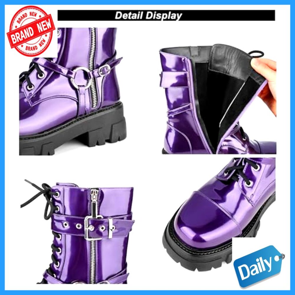 Women's Motorcycle Biker Boots Mid-Calf Combat Steampunk Chunky Heel Lug Sole - Picture 3 of 7